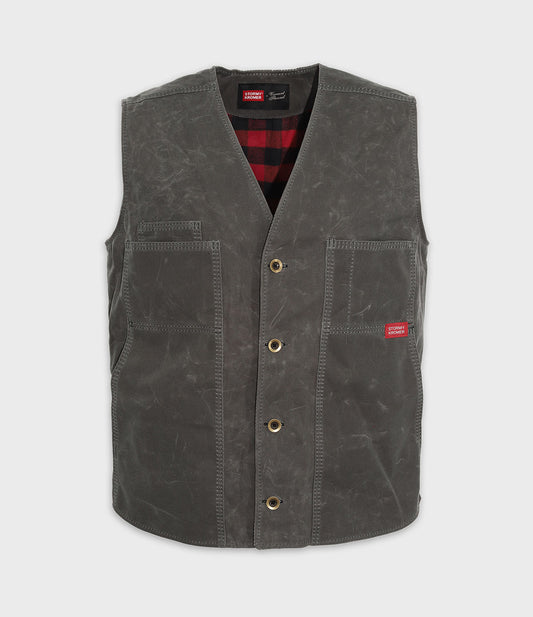 Flannel Lined Waxed Canvas Vest - Charcoal & Red Buffalo