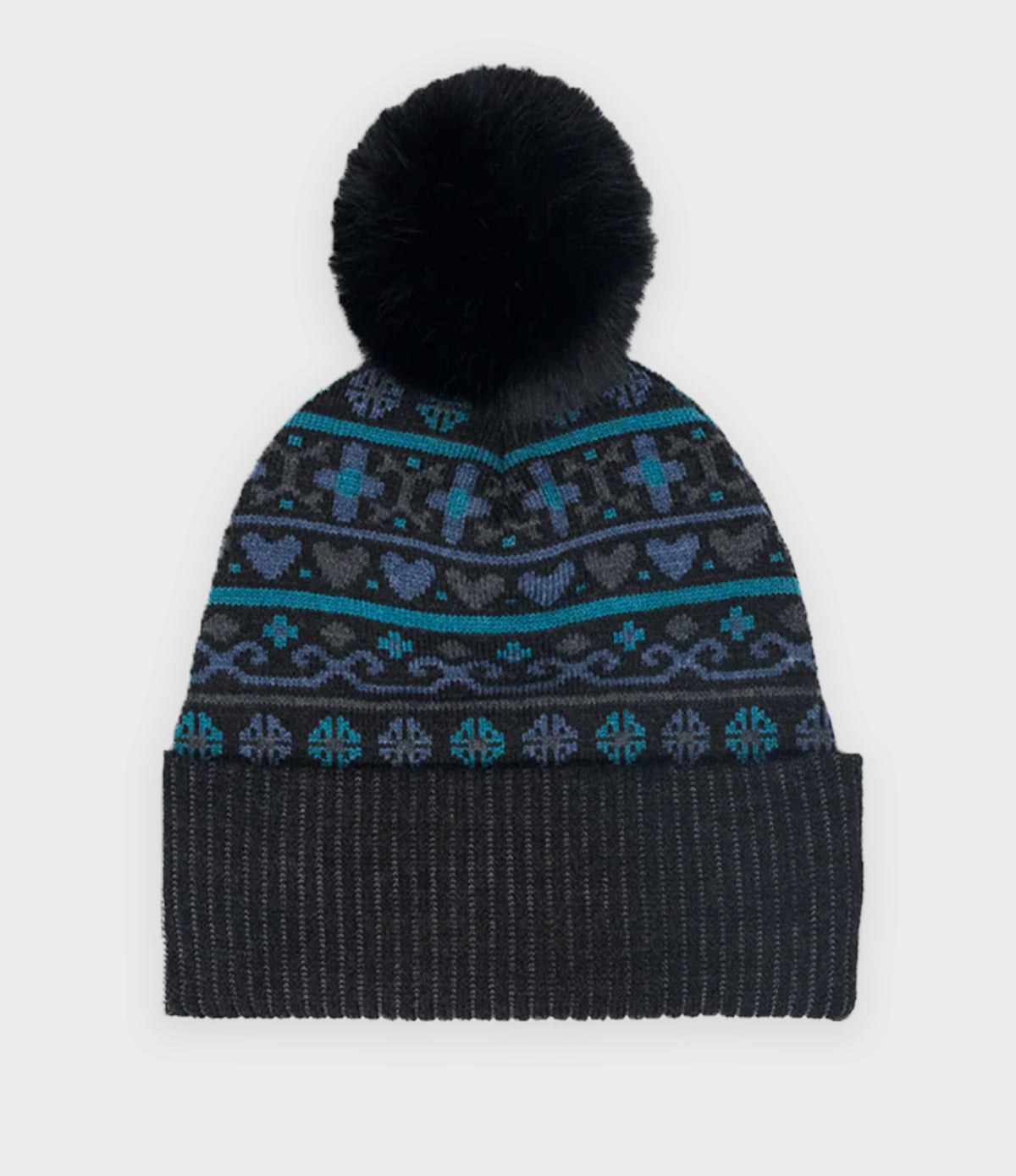 Sweater Cuffed Pom Knit Beanie - Black